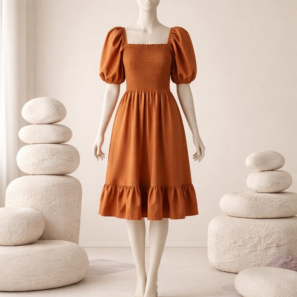 SHEIN Brown  Puff Sleeve Midi Dress